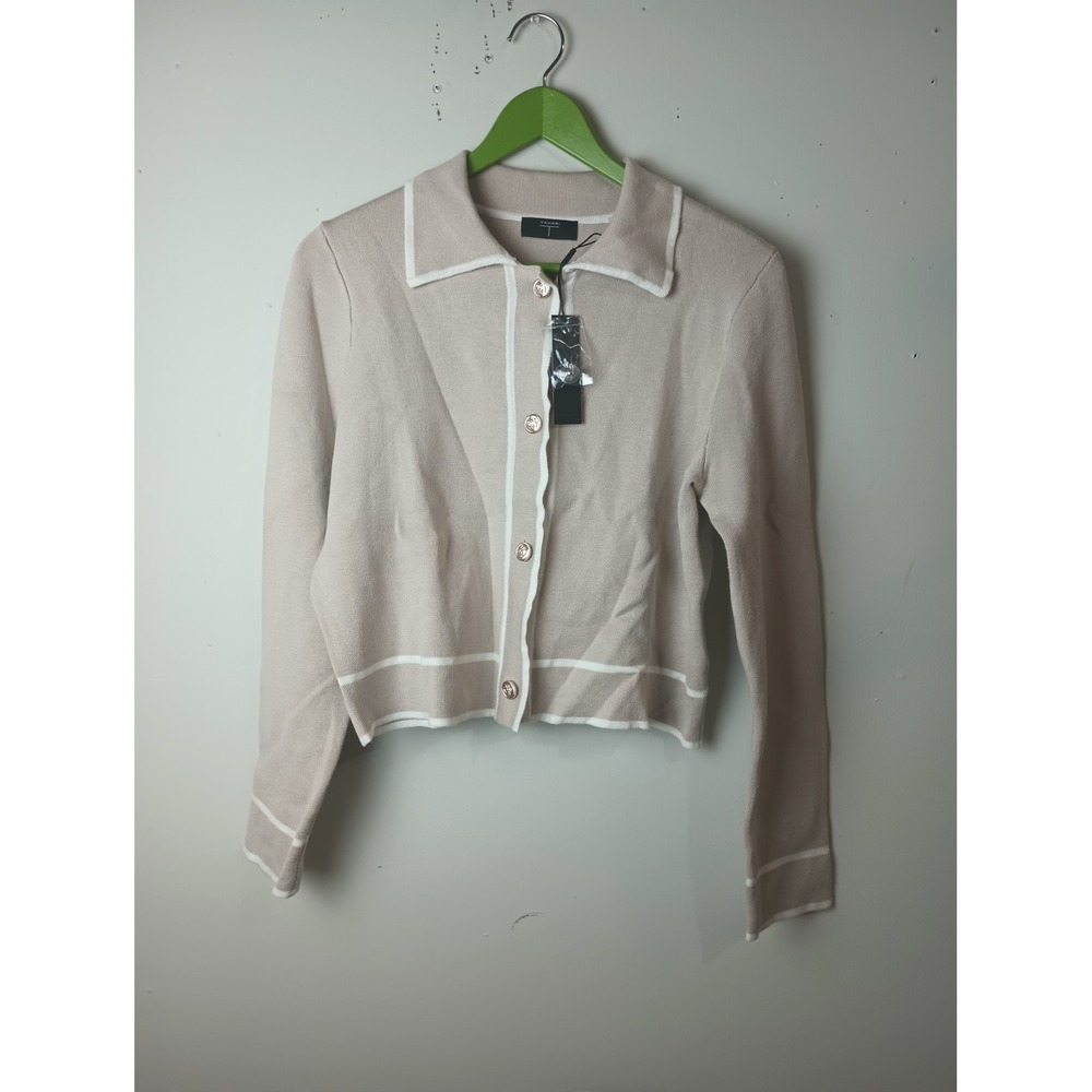 Tahari Pearl Glow Beige Knit Cardigan Gold Crest Buttons TH35221 Womens Large